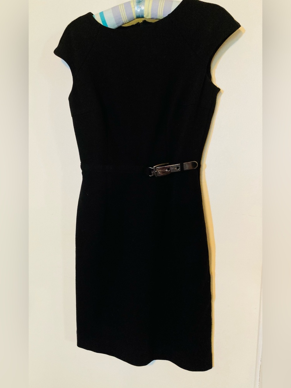 Jennifer Lopez Black Cap-Sleeve Mini Dress with Belt Buckle Accent